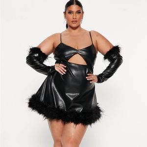 Faux Leather Dress with Feathers and Gloves